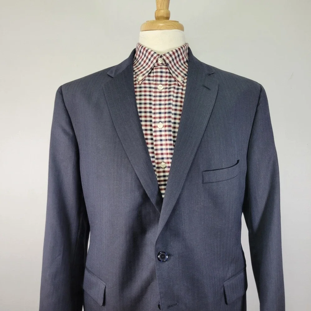 Tom James Men's Sport Coat Blazer‎ Two Button Navy Blue Wool Herringbone 44S